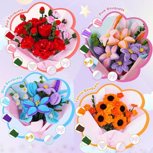 900 PCS Pipe Cleaners Craft, Pipe Cleaner Bulk Flower Kit 14 Colors Chenille Stems Flower Making Kit with Greeting Card, Floral Wires, Tape, Stamen, Floral Wrapping Paper & Ribbon for Art DIY Flowers in Kuwait