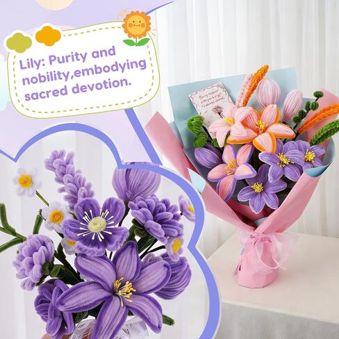900 PCS Pipe Cleaners Craft, Pipe Cleaner Bulk Flower Kit 14 Colors Chenille Stems Flower Making Kit with Greeting Card, Floral Wires, Tape, Stamen, Floral Wrapping Paper & Ribbon for Art DIY Flowers in Kuwait