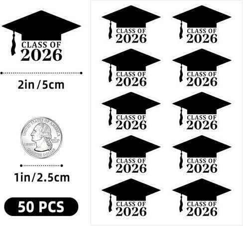 50 x 2026 Graduation Hat Stickers, Grad Cap Vinyl Decal, Graduation Ceremony, Announcement, Grad Party Envelope Seals, Envelope Sealing Stickers, 1.6inch (Class) in Kuwait