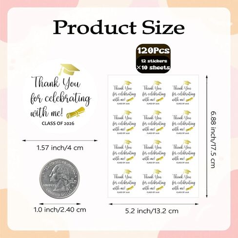 120Pcs Class of 2026 Stickers, 1.6" Gold Foil Graduation Thank You Stickers, Graduation Stickers for Envelopes School Congrats Grad Invitation Grad Party Favors Label in Kuwait