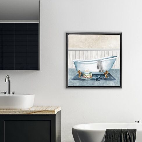 Stupell Industries 'Cozy Clawfoot Bathtub Spa', Floating Frame Canvas Art, Black, 25 x 25 Inches, Easy to Hang and Sturdy, Made in USA, by Conrad Knutsen in Kuwait