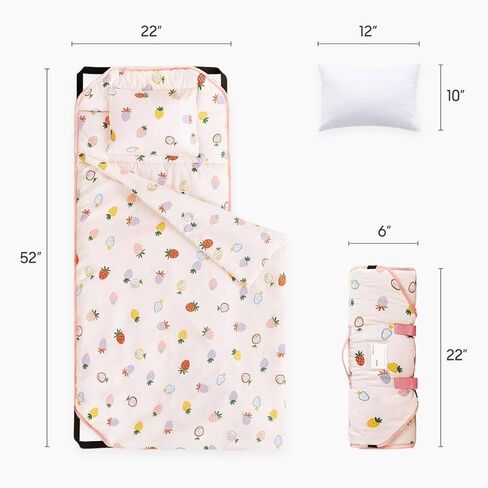 Wake In Cloud - Cot Nap Mat with Pillow and Blanket, for Toddler Kids Boys Girls in Daycare Kindergarten Preschool Pre K with Elastic Corner Straps, Cute Colorful Strawberry, Light Pink in Kuwait