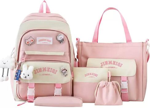 5Pcs Kawaii Cute Backpacks Combo Set with Bear Pendant Pins Patchwork Japanese Aesthetic Anime Bunny Daypack Bag Kit (Pink) in Saudi Arabia