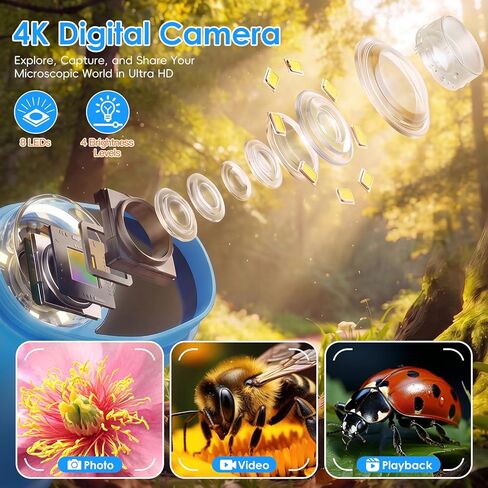 مجهر رقمي محمول بدقة 4K 1000X للأطفال مع شاشة IPS مقاس 2.0 بوصة، ألعاب STEM هدايا عيد ميلاد للفتيات والأولاد والأطفال مع تكبير 200-1000X، مجموعات علمية للأطفال من سن 8-12 (أزرق) in Kuwait
