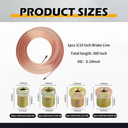 25Ft 1/4" & 3/16" Brake Line Kit,Flexible Brake Line Repair Kit with 32PCS Inverted Tube Nut,Professional Car Brakes Lines Tubing Kits for Maintenance of Braking Systems in Kuwait