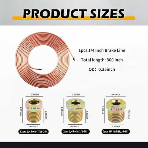 25Ft 1/4" & 3/16" Brake Line Kit,Flexible Brake Line Repair Kit with 32PCS Inverted Tube Nut,Professional Car Brakes Lines Tubing Kits for Maintenance of Braking Systems in Kuwait
