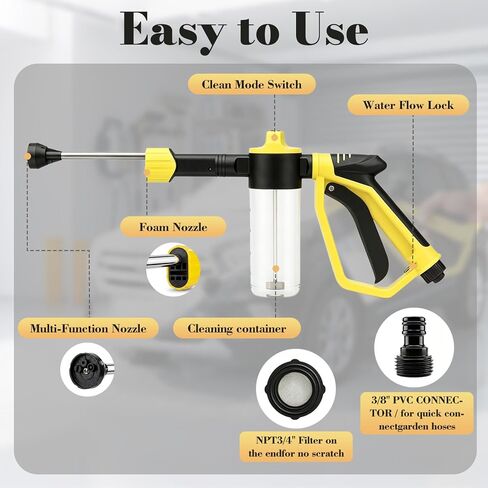 Car Wash Foam Gun for Garden Hose - High Pressure Foam Cannon Car Wash Kit with 3 Spray Modes - Professional Car Wash Hose Sprayer for Cars, Trucks, RVs, Motorcycles & More, Yellow in Kuwait