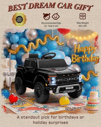 لعبة الركوب الأولى للأطفال المرخصة Ford F-150 Raptor بقوة 12 فولت، ركوب على الشاحنة مع جهاز التحكم عن بعد للوالدين، سيارة كهربائية للأطفال مع تخزين سرير الشاحنة، حزام أمان 3 نقاط، أضواء LED (أسود) in Kuwait