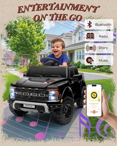 لعبة الركوب الأولى للأطفال المرخصة Ford F-150 Raptor بقوة 12 فولت، ركوب على الشاحنة مع جهاز التحكم عن بعد للوالدين، سيارة كهربائية للأطفال مع تخزين سرير الشاحنة، حزام أمان 3 نقاط، أضواء LED (أسود) in Kuwait