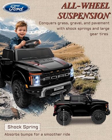 لعبة الركوب الأولى للأطفال المرخصة Ford F-150 Raptor بقوة 12 فولت، ركوب على الشاحنة مع جهاز التحكم عن بعد للوالدين، سيارة كهربائية للأطفال مع تخزين سرير الشاحنة، حزام أمان 3 نقاط، أضواء LED (أسود) in Kuwait