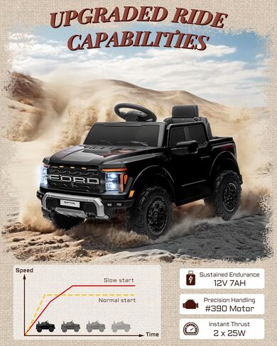 لعبة الركوب الأولى للأطفال المرخصة Ford F-150 Raptor بقوة 12 فولت، ركوب على الشاحنة مع جهاز التحكم عن بعد للوالدين، سيارة كهربائية للأطفال مع تخزين سرير الشاحنة، حزام أمان 3 نقاط، أضواء LED (أسود) in Kuwait