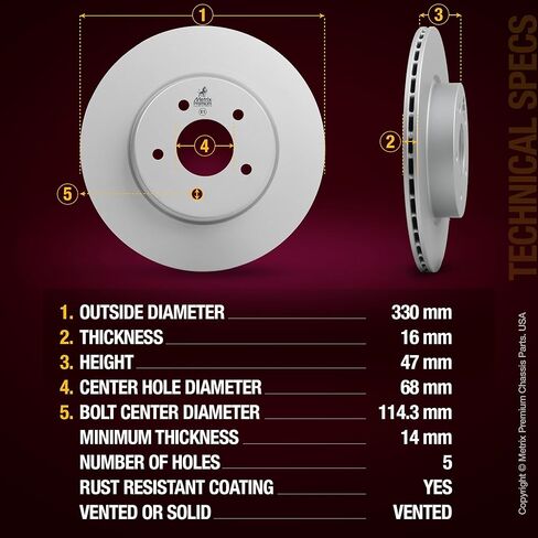 Metrix Premium Chassis Parts - 12.99 inch (330 mm) 2 PC Rear Coated Ventilated Disc Brake Rotor Fits 22-25 INFINITI QX60, Mitsubishi Outlander, 23-25 Outlander PHEV, 2025 Nissan Murano, Pathfinder in Kuwait