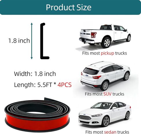 Universal Rubber Fender Flare Protector - Car Wheel Arch Trim Eyebrow Edge Strip for Trucks SUVs Pickups, Black, 1.8" x 5.5FT x 4PCS in Kuwait