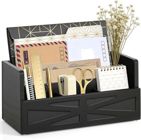 Rustic Wood Mail Organizer Countertop with 4 Slots, Black Mail Holder for Desk, Removable Dividers Mail Sorter, Letter Bill File Organizer for Home Office Classroom, Desktop Organizer with Free Labels in Kuwait