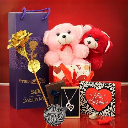 Valentine Gift for Girlfriend Wife Girls Women - Romantic Teddy Bear Card Pendant and Artificial Golden Rose Flower with Box Hamper,Silk in Kuwait