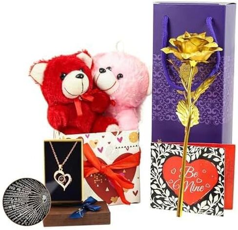 Valentine Gift for Girlfriend Wife Girls Women - Romantic Teddy Bear Card Pendant and Artificial Golden Rose Flower with Box Hamper,Silk in Kuwait