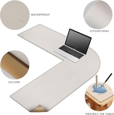 MAIDERN (40"+ 40") x 13" L Shaped Corner Desk Mat, Cork & Leather Dual Sided Desk Pad for Gaming Computer Office Home (Cream) in Kuwait