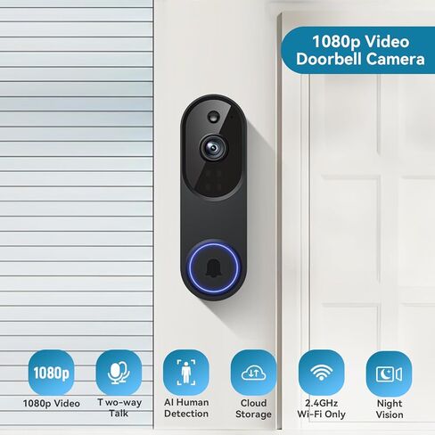 1080P Smart Wireless Video Doorbell Camera, Home Security with Chime Ringer, Cloud Storage, Intelligent Human Detection, 2-Way Audio, Real-Time Alert, 2.4GHz Wi-Fi, Night Vision in Saudi Arabia