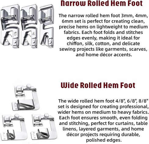 Hemming Foot Kit 6Pcs Includes Wide Rolled Hem Foot Set and Narrow Foot Hemmer Set for Brother, Singer Janome Low Shank Sewing Machines Use in Kuwait