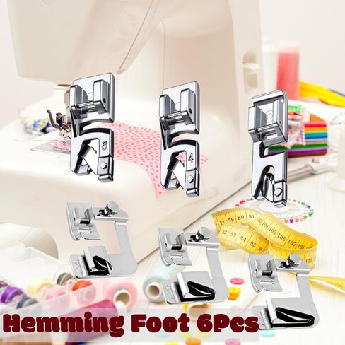 Hemming Foot Kit 6Pcs Includes Wide Rolled Hem Foot Set and Narrow Foot Hemmer Set for Brother, Singer Janome Low Shank Sewing Machines Use in Kuwait