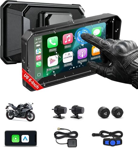 U6 Motorcycle Carplay، شاشة لمس IPS مقاس 6 بوصات مع Apple CarPlay اللاسلكي وAndroid 14 OS Android Auto، كاميرات أمامية وخلفية مزدوجة بدقة 1080 بكسل، ملاحة GPS، TPMS، زاوية 110 درجة، IP67 مقاومة للماء in Kuwait