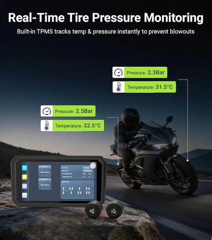 U6 Motorcycle Carplay، شاشة لمس IPS مقاس 6 بوصات مع Apple CarPlay اللاسلكي وAndroid 14 OS Android Auto، كاميرات أمامية وخلفية مزدوجة بدقة 1080 بكسل، ملاحة GPS، TPMS، زاوية 110 درجة، IP67 مقاومة للماء in Kuwait