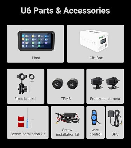 U6 Motorcycle Carplay، شاشة لمس IPS مقاس 6 بوصات مع Apple CarPlay اللاسلكي وAndroid 14 OS Android Auto، كاميرات أمامية وخلفية مزدوجة بدقة 1080 بكسل، ملاحة GPS، TPMS، زاوية 110 درجة، IP67 مقاومة للماء in Kuwait