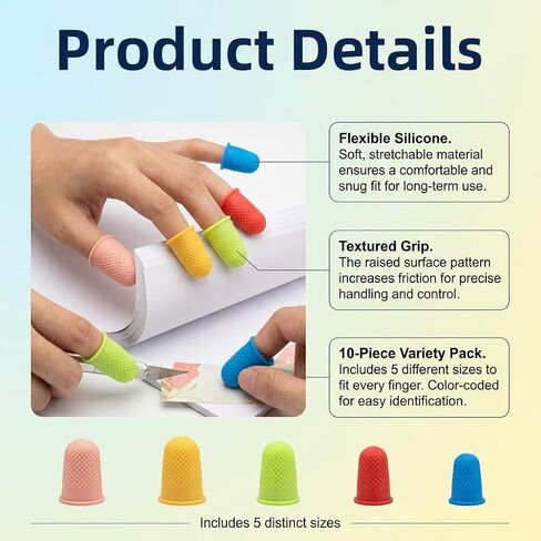 10 Pcs Rubber Finger Tips Covers, Reusable Silicone Finger Protectors in 5 Sizes & 5 Colors, Non Slip Thimble for Money Counting, Paper Sorting, Sewing, Cutting, Office and Craft Work in Kuwait