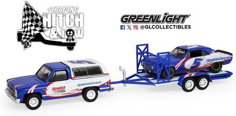 Greenlight Collectibles 1:64 Racing Hitch & Tow Series 6-1986 Chevy K5 Blazer Silverado and 1969 Camaro – Hendrick Motorsports – Kyle Larson #5 First Win Tribute on Tandem Car Trailer 31190-C in Kuwait