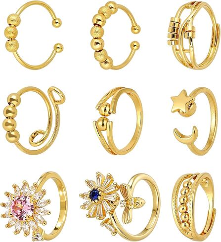 Mikovivi 9pcs Adjustable Spinner Fidget Rings, Gold-Tone Open Rotatable Rings with Cubic Zirconia Star Flower Design Calm & Focus CZ Jewelry for Women Gifts in Kuwait