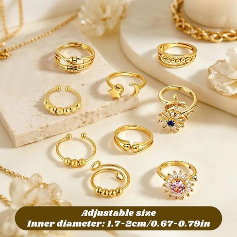 Mikovivi 9pcs Adjustable Spinner Fidget Rings, Gold-Tone Open Rotatable Rings with Cubic Zirconia Star Flower Design Calm & Focus CZ Jewelry for Women Gifts in Kuwait