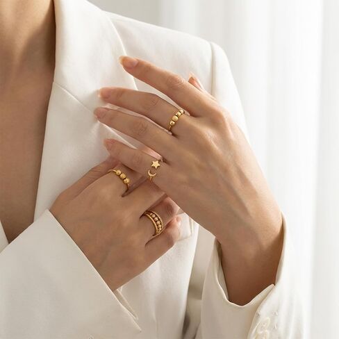Mikovivi 9pcs Adjustable Spinner Fidget Rings, Gold-Tone Open Rotatable Rings with Cubic Zirconia Star Flower Design Calm & Focus CZ Jewelry for Women Gifts in Kuwait
