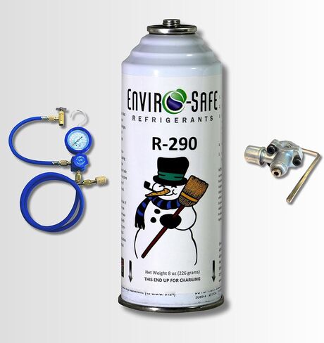 ENVIRO-SAFE R290 Refrigerant in an 8oz. Piercing Style Container for Recharge – Includes Gauge Set, Bullet Piercing Valve and R290 Can - DIY KIT (Recharge and Seal Kit) in Saudi Arabia
