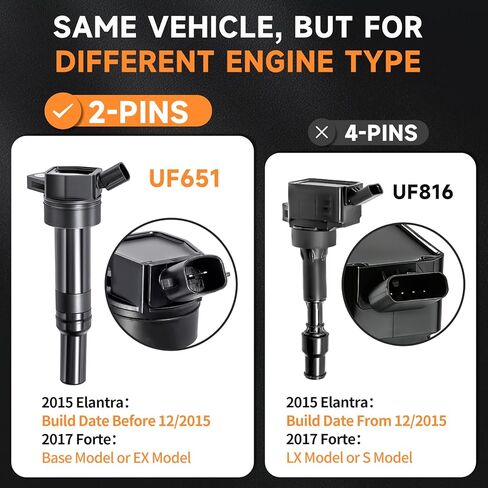 حزمة ملف إشعال 4 قطع متوافقة مع Hyundai (1.8L 2.0L فقط) Elantra 2011-2016، Elantra GT 2013-2020، Tucson 2014-2020، متوافقة مع Kia Forte 14-17، Forte5 2014-2018، Soul 12-19، UF651 2PINS in Kuwait