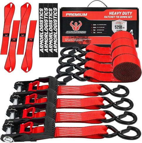 Ratchet Straps Heavy Duty (4 Pack) - 5,250 Break Strength Motorcycle Strap Tie Downs with 15ft Soft Loops -1.5in x 8ft Ratchet Tie Down Straps for Motorcycles, Truck, Cargo -Safety S Hook, Storage Bag in Kuwait