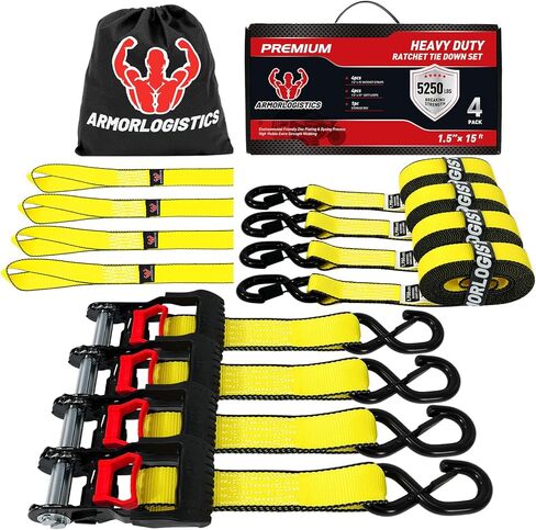 Ratchet Straps Heavy Duty (4 Pack) - 5,250 Break Strength Motorcycle Strap Tie Downs with 15ft Soft Loops -1.5in x 8ft Ratchet Tie Down Straps for Motorcycles, Truck, Cargo -Safety S Hook, Storage Bag in Kuwait