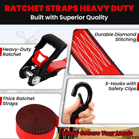 Ratchet Straps Heavy Duty (4 Pack) - 5,250 Break Strength Motorcycle Strap Tie Downs with 15ft Soft Loops -1.5in x 8ft Ratchet Tie Down Straps for Motorcycles, Truck, Cargo -Safety S Hook, Storage Bag in Kuwait