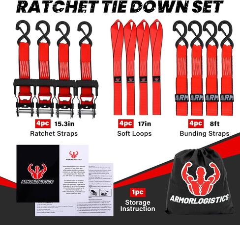 Ratchet Straps Heavy Duty (4 Pack) - 5,250 Break Strength Motorcycle Strap Tie Downs with 15ft Soft Loops -1.5in x 8ft Ratchet Tie Down Straps for Motorcycles, Truck, Cargo -Safety S Hook, Storage Bag in Kuwait