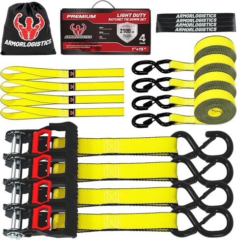 Ratchet Straps Heavy Duty (4 Pack) - 5,250 Break Strength Motorcycle Strap Tie Downs with 15ft Soft Loops -1.5in x 8ft Ratchet Tie Down Straps for Motorcycles, Truck, Cargo -Safety S Hook, Storage Bag in Kuwait