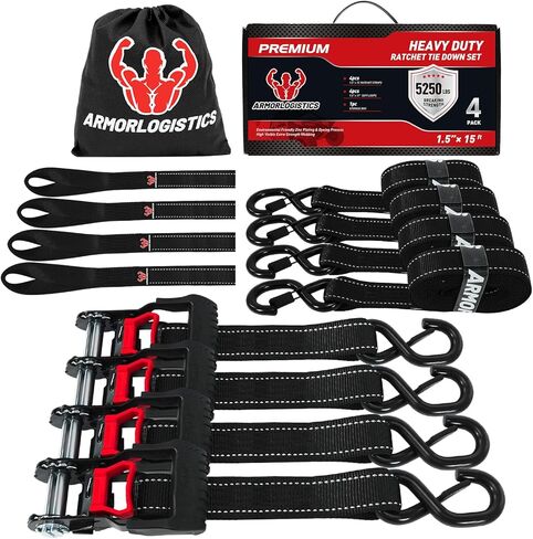 Ratchet Straps Heavy Duty (4 Pack) - 5,250 Break Strength Motorcycle Strap Tie Downs with 15ft Soft Loops -1.5in x 8ft Ratchet Tie Down Straps for Motorcycles, Truck, Cargo -Safety S Hook, Storage Bag in Kuwait