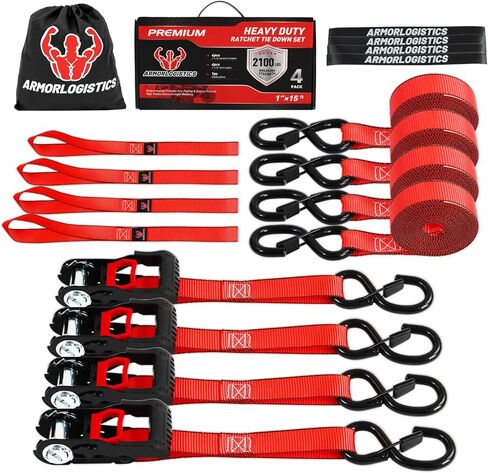 Ratchet Straps Heavy Duty (4 Pack) - 5,250 Break Strength Motorcycle Strap Tie Downs with 15ft Soft Loops -1.5in x 8ft Ratchet Tie Down Straps for Motorcycles, Truck, Cargo -Safety S Hook, Storage Bag in Kuwait