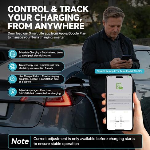 Level 1/2 Tesla EV Charger,25ft Extension Cable with Wi-Fi/APP Control,ETL Certified.Dual Voltage Charger with 240V NEMA 6-20 Adapters and 120V NEMA 5-15 Plug,Compatible with Tesla Model 3/Y/S/X in Kuwait