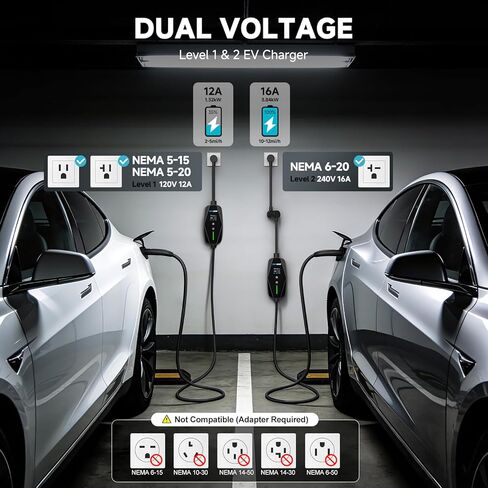 Level 1/2 Tesla EV Charger,25ft Extension Cable with Wi-Fi/APP Control,ETL Certified.Dual Voltage Charger with 240V NEMA 6-20 Adapters and 120V NEMA 5-15 Plug,Compatible with Tesla Model 3/Y/S/X in Kuwait
