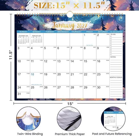 Calendar 2024-2025 - Wall Calendar 2024-2025, JUL. 2024 - DEC. 2025, 15'' x 11.5'', 2024-2025 Wall Calendar with 18 Months - Blue-Pink Floral in Saudi Arabia
