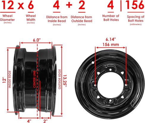 Caltric 12" x 6" 12x6 inch 4/156 Bolt Pattern 4+2 Offset Front Wheel Rim Compatible with Polaris in Kuwait