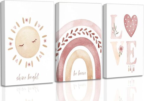 3 Pcs Nursery Canvas Wall Art Pink Sun Rainbow Hearts Posters Prints Boho Kids Room Pictures Wall Decor for Toddlers Children Baby Girl Bedroom Home Decoration in Saudi Arabia