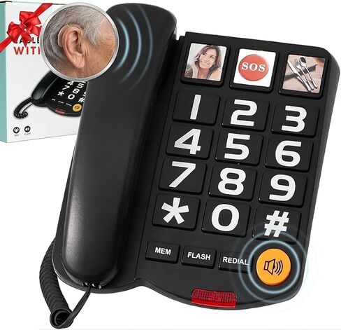 Extra-Loud (110dB) Landline Phone for Seniors & Hearing Impaired - Hearing Aid Compatible, Large Button Corded Phone with 3 Photo Speed Dial, Speakerphone - Black, Ideal Mother's in Saudi Arabia