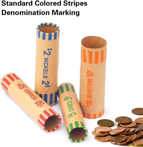 ESSENTIAL 100 Pcs Assorted Heavy Duty Preformed Coin Wrappers Rolls - Quarters, Pennies, Nickels and Dimes, Standard Size for Banks, Stores & Offices (Total 100 PCS) in Kuwait