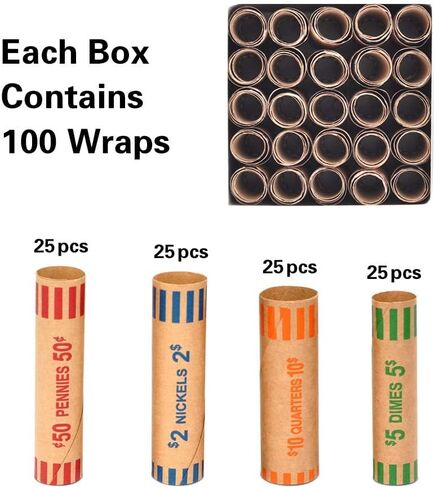 ESSENTIAL 100 Pcs Assorted Heavy Duty Preformed Coin Wrappers Rolls - Quarters, Pennies, Nickels and Dimes, Standard Size for Banks, Stores & Offices (Total 100 PCS) in Kuwait