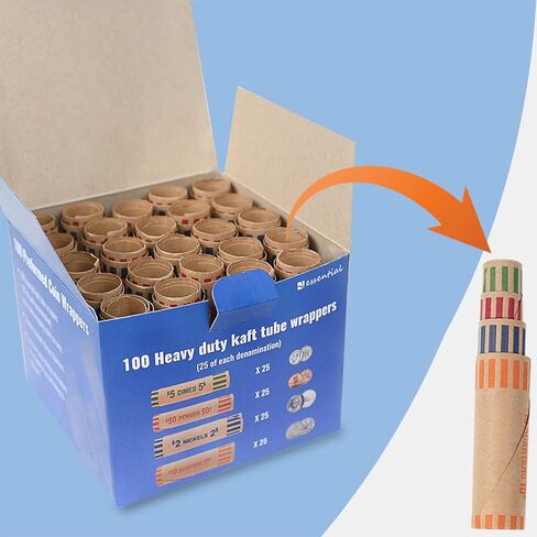 ESSENTIAL 100 Pcs Assorted Heavy Duty Preformed Coin Wrappers Rolls - Quarters, Pennies, Nickels and Dimes, Standard Size for Banks, Stores & Offices (Total 100 PCS) in Kuwait